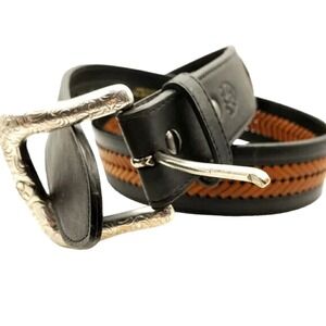 Ariat Black Leather Wide Belt 32 Braided Brown Western Silver Tone Tooled Buckle